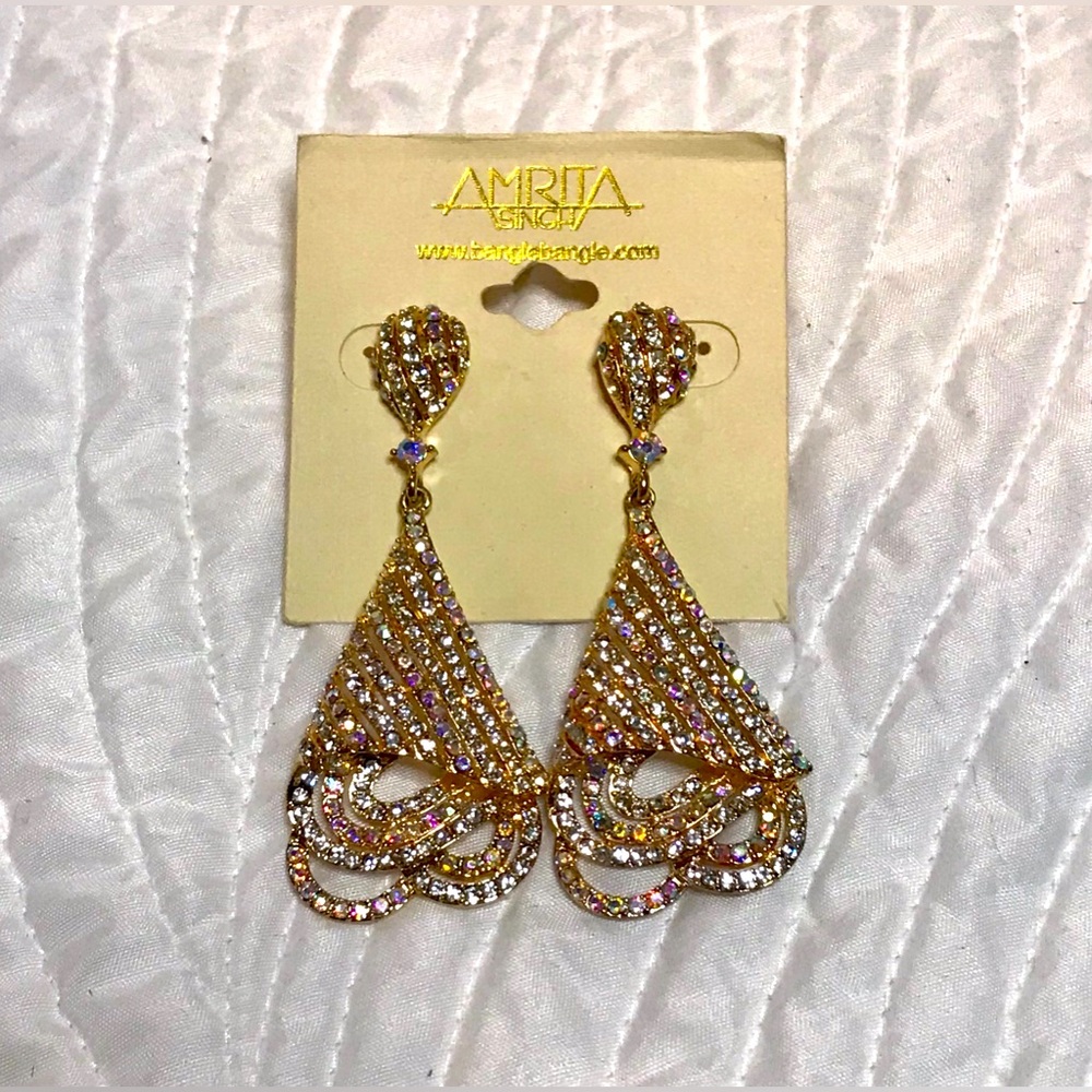 Amrita Singh Gold-Tone & Clear, Iridescent Rhinestone Chandelier Earrings